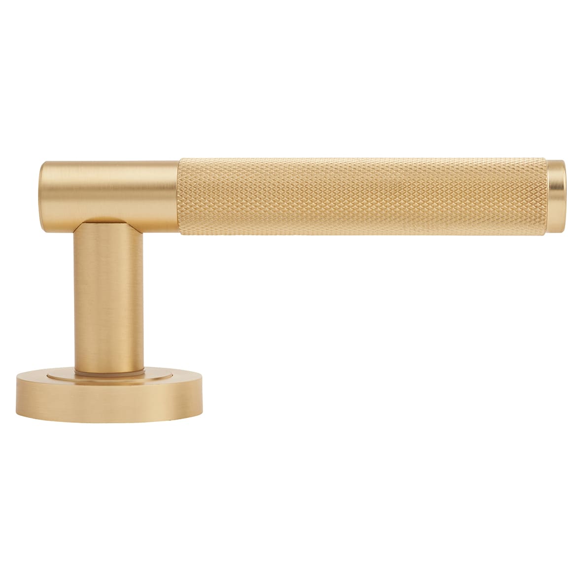 Satin Brass Fire Rated Knurled Door Handles on Round Rose - Bari Range - view 3