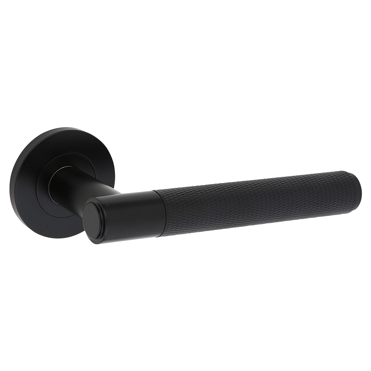 Matt Black Knurled Door Handles on Round Rose - Spitfire Range - view 2