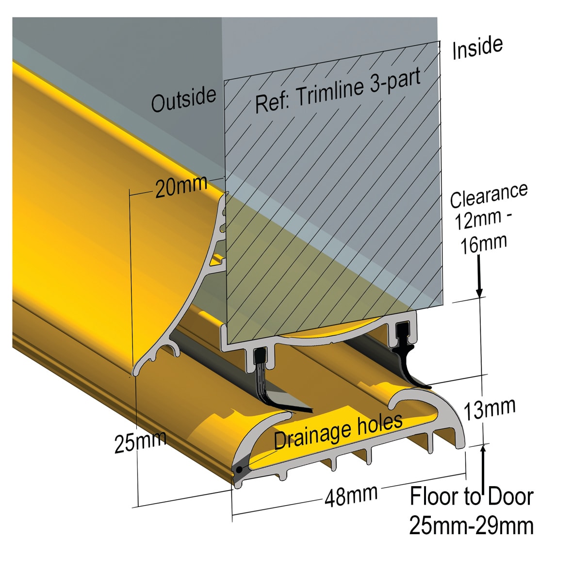 Trimline 25 3-Part Threshold - 914mm Length - Inward/Outward Opening Doors - Gold - view 2