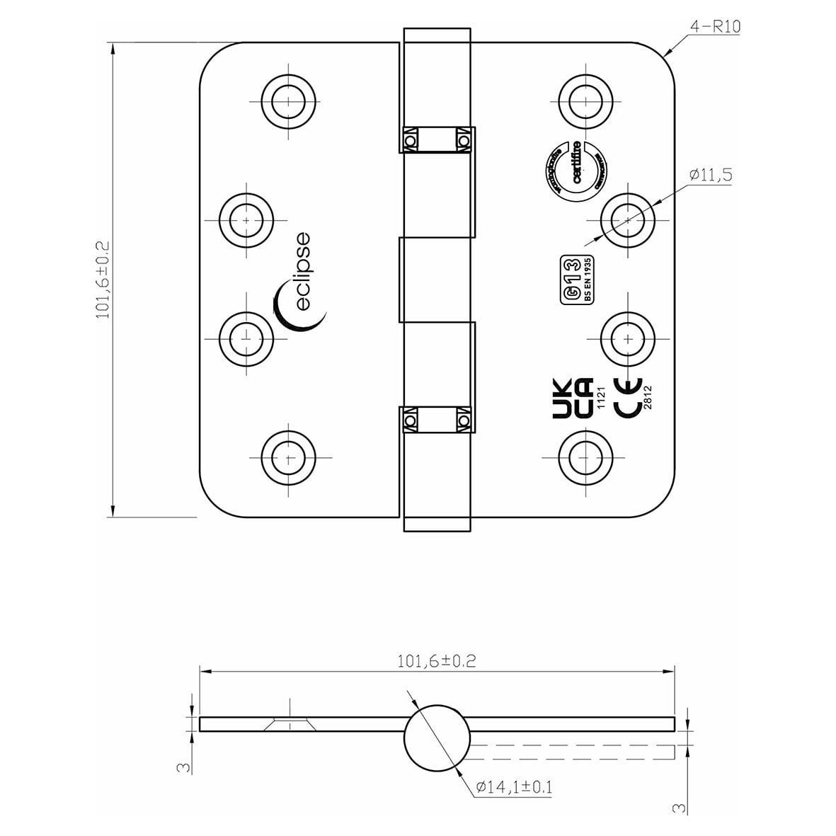 Radius Ball Bearing Grade 13 Butt Fire Door Hinge - 102 x 102 x 3mm - Satin Stainless - Pair - view 3