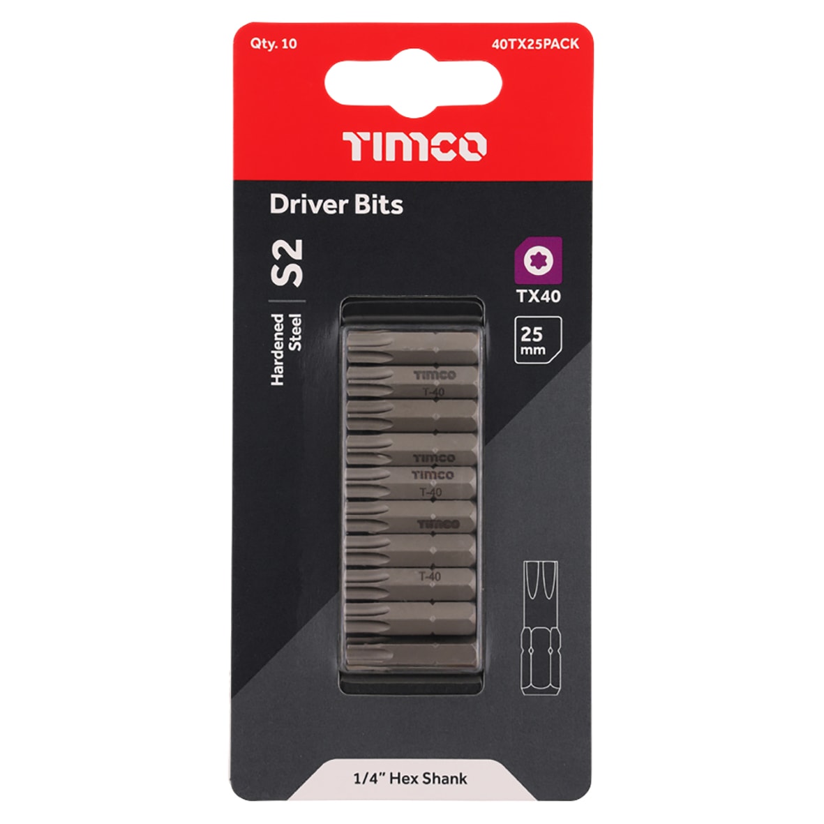 Steel Driver Bits - Torx - T40 - 25mm Length - Pack of 10 - view 3
