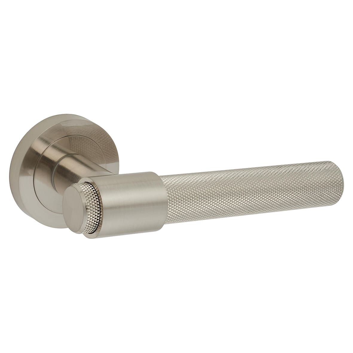 Satin Nickel Knurled Door Handles on Round Rose - Esme Range - view 2
