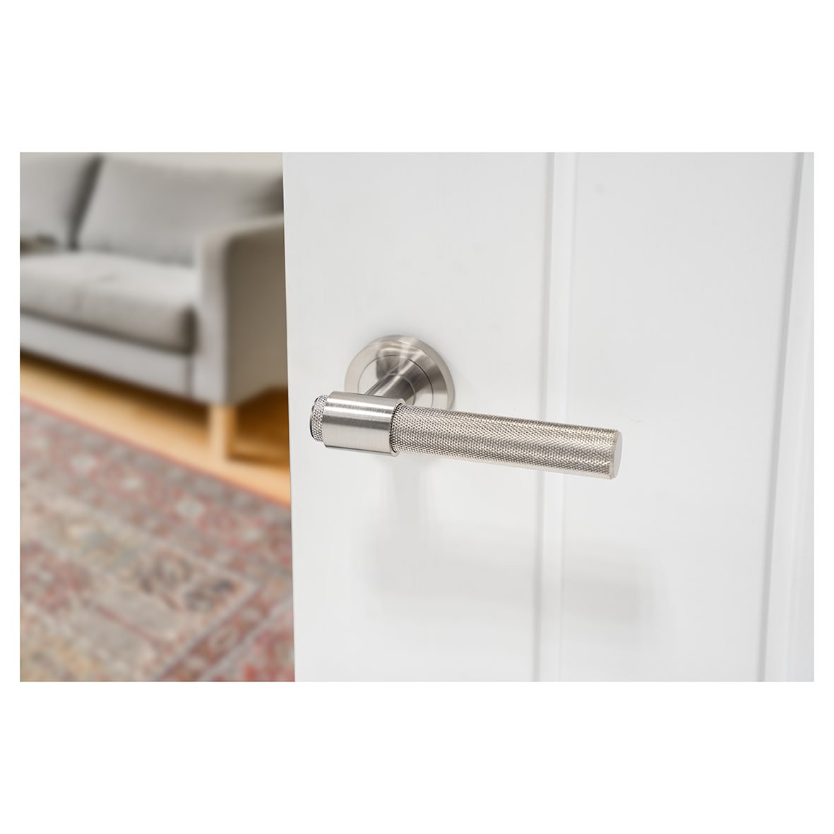 Satin Nickel Knurled Door Handles on Round Rose - Esme Range - view 4