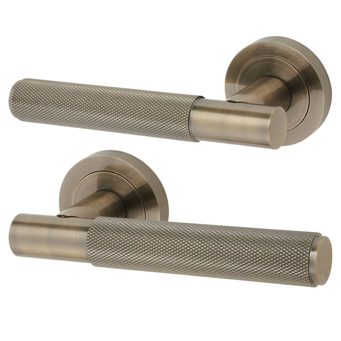 Antique Brass Knurled Bathroom Deadbolt Lock Door Handles on Rose Pack - Remi Range - view 2