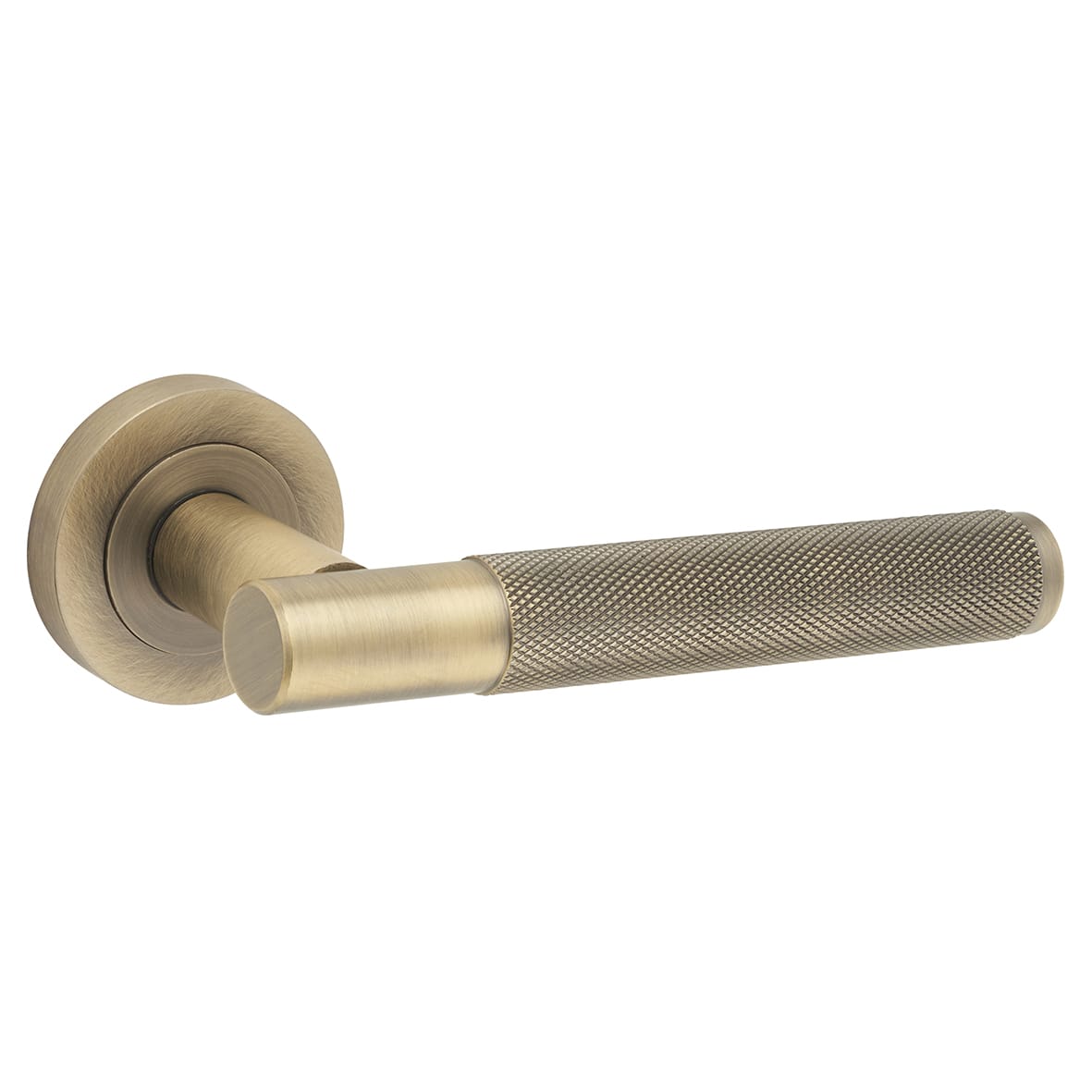 Antique Brass Fire Rated Knurled Door Handles on Round Rose - Bari Range - view 2