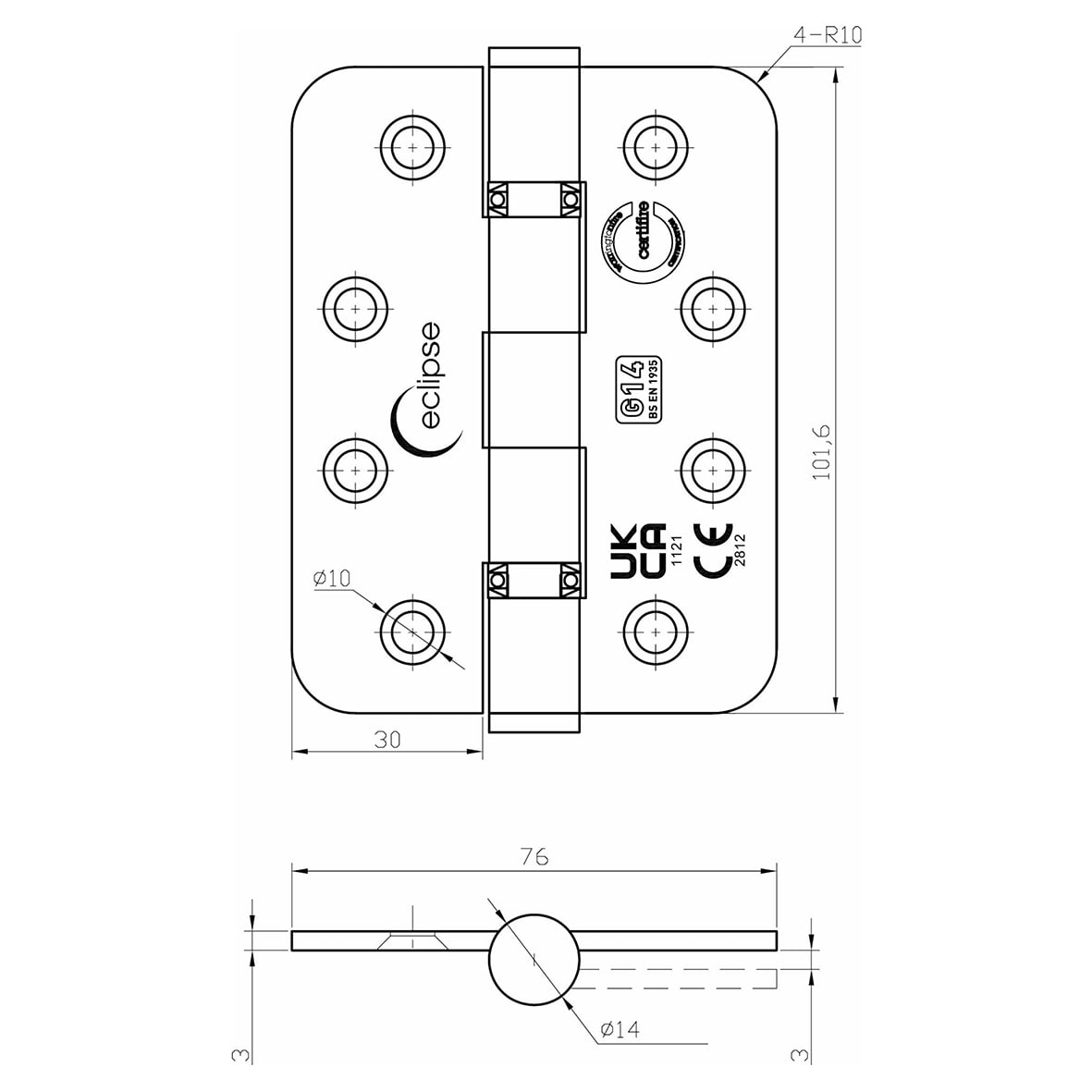 Radius Ball Bearing Grade 14 Butt Fire Door Hinge - 102 x 76 x 3mm - Satin Stainless - Pair - view 3