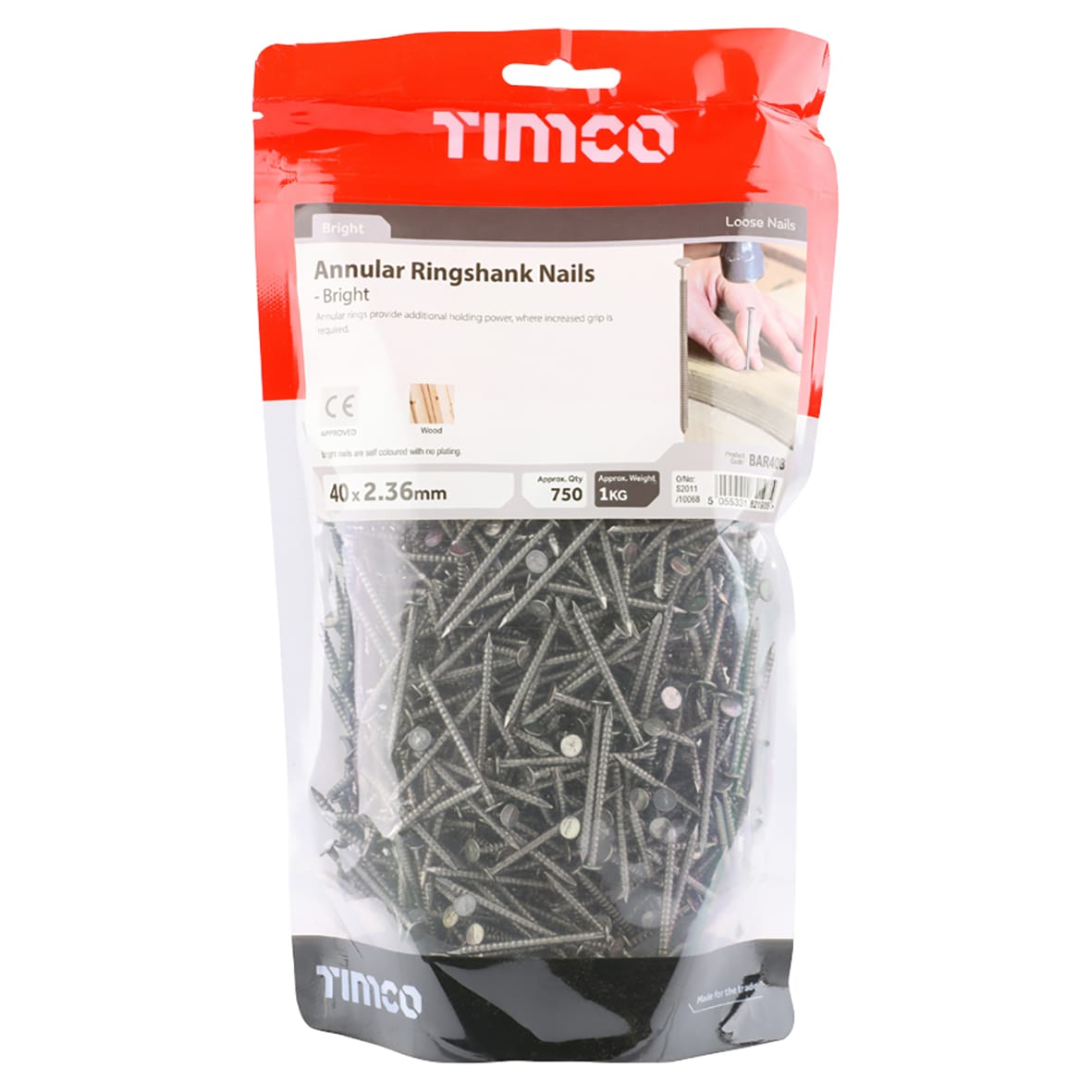 Bright Annular Ringshank Nail - 2.36 x 40mm - 1kg Pack - view 2