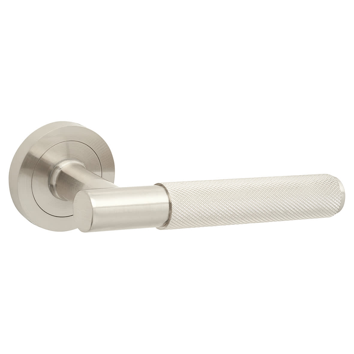Satin Nickel Knurled Door Handles on Round Rose - Remi Range - view 2