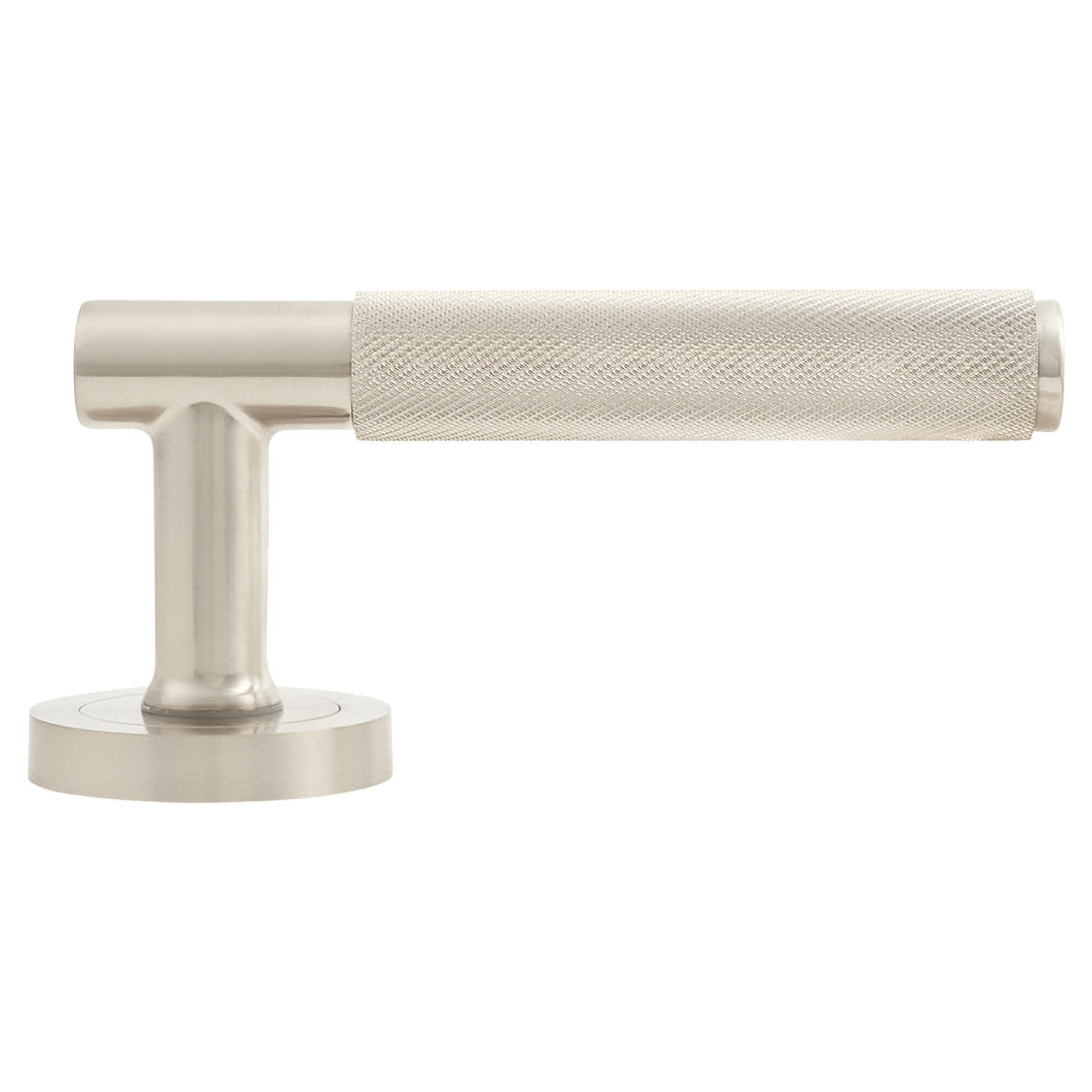 Satin Nickel Knurled Door Handles on Round Rose - Remi Range - view 3