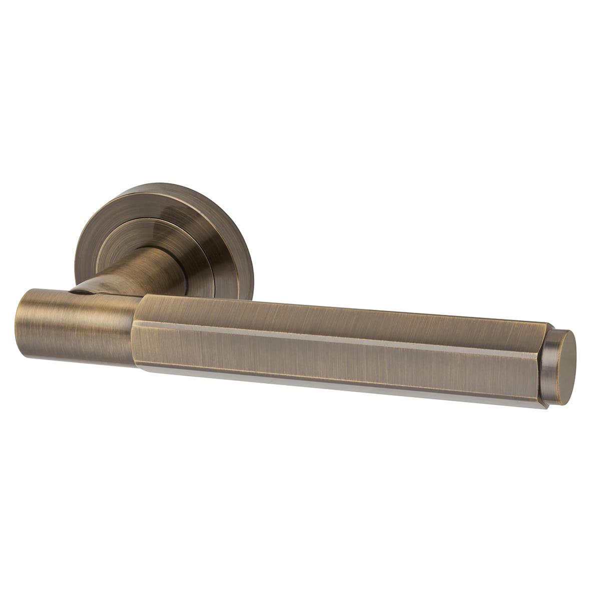 Antique Brass Hexagonal Door Handles on Round Rose - Juno Range - view 2