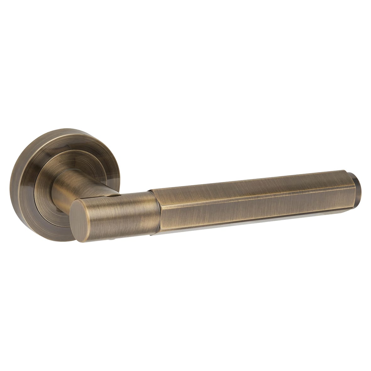 Antique Brass Hexagonal Door Handles on Round Rose - Juno Range - view 3
