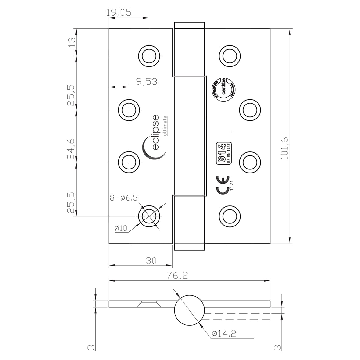 Concealed Bearing Grade 14 Butt Fire Door Hinge - 102 x 76 x 3mm - Satin Stainless - Pair - view 2