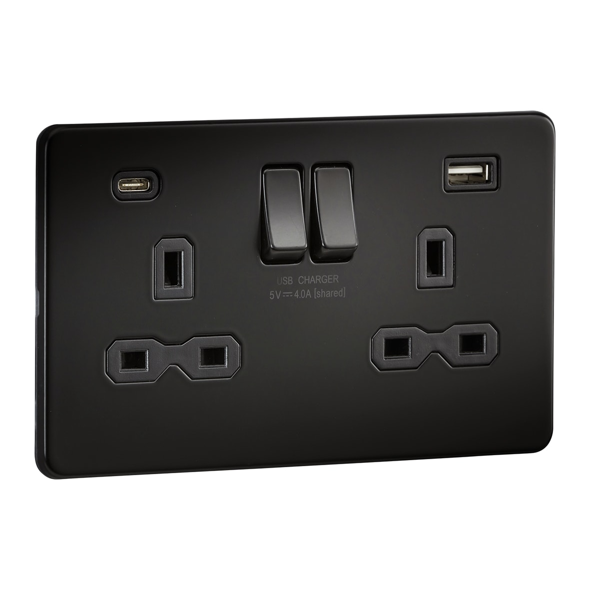 13A 2 Gang Screwless Type A/C USB Socket with 2 x USB - 4A - Matt Black/Black - view 2