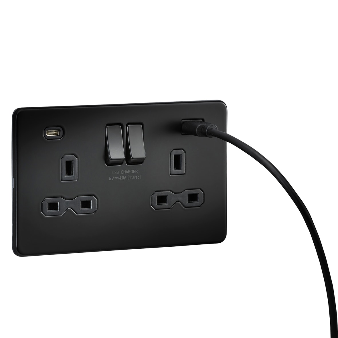 13A 2 Gang Screwless Type A/C USB Socket with 2 x USB - 4A - Matt Black/Black - view 3