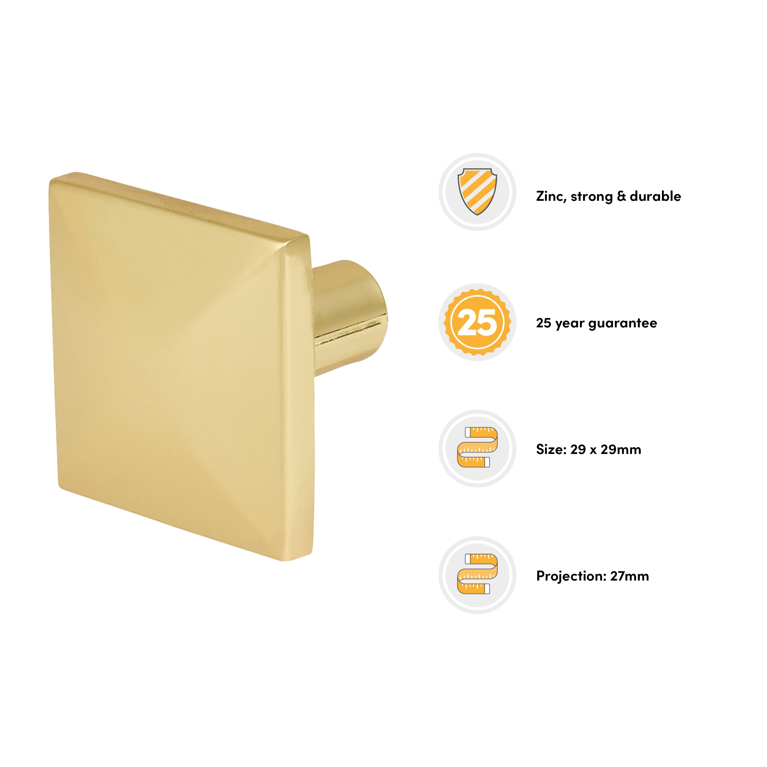 Pyramid Style Square Cabinet Knob - 29 x 29mm - Polished Brass - view 3