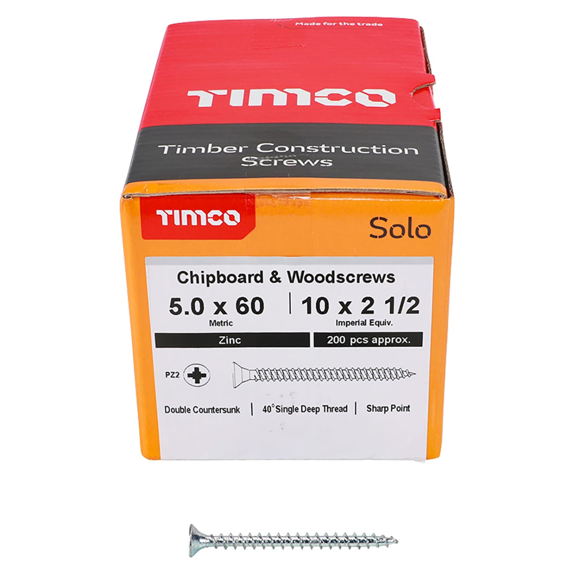 Solo Chippy Pozi Countersunk Wood Screws - 5.0 x 60mm - Zinc Plated - Pack of 200 - view 2
