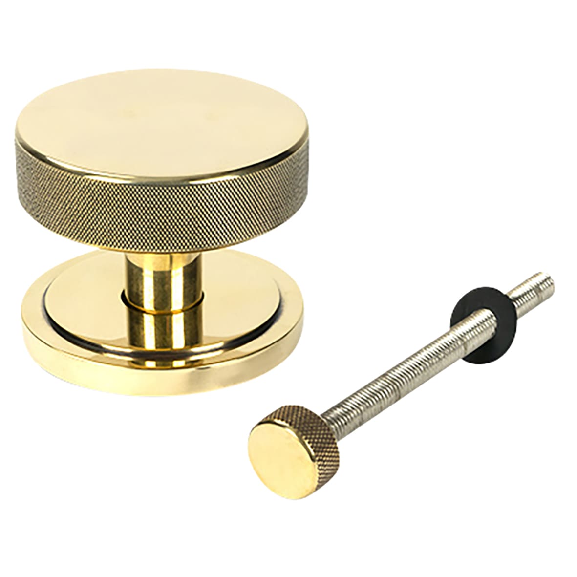 Brompton Aged Brass Round Knurled Centre Door Knob on Art Deco Rose - 90mm Rose Diameter - view 2