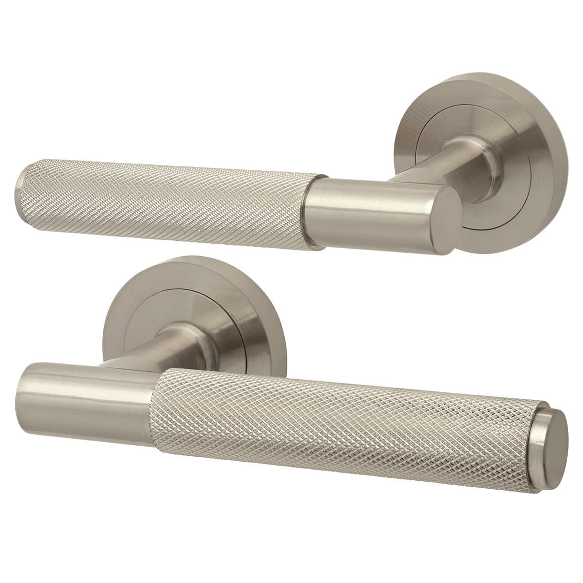 Satin Nickel Knurled Euro Lock Door Handles on Rose Pack - Remi Range - view 2