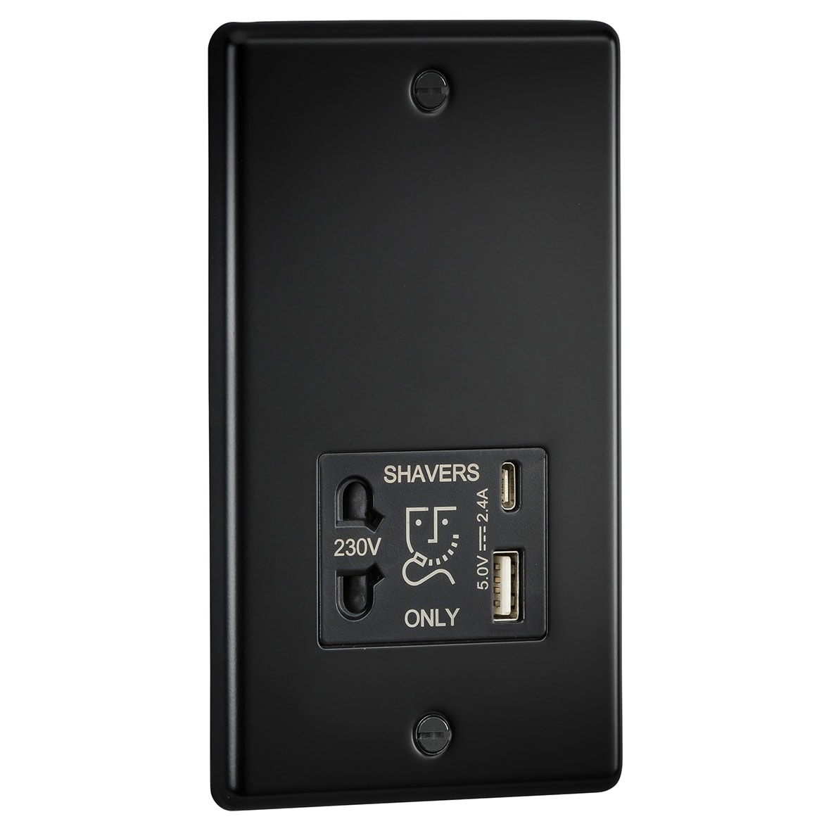 230V Shaver Socket with Type A/C USB Ports - 2.4A - Matt Black - view 2