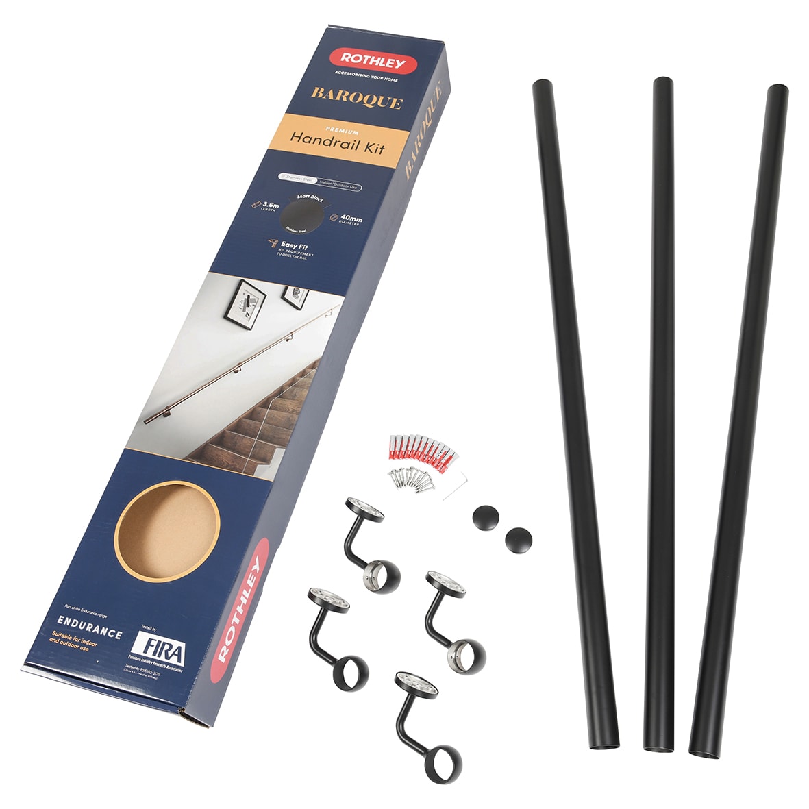 40mm Handrail Banister Staircase Rail Support Kit - 3600mm Length - Matt Black - view 4