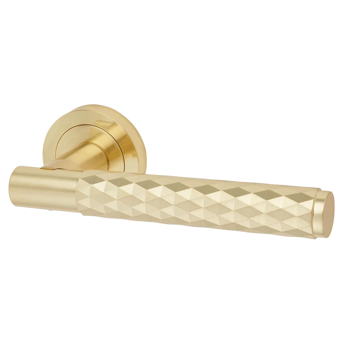 Satin Brass Diamond Door Handles on Round Rose - Luna Range - view 2