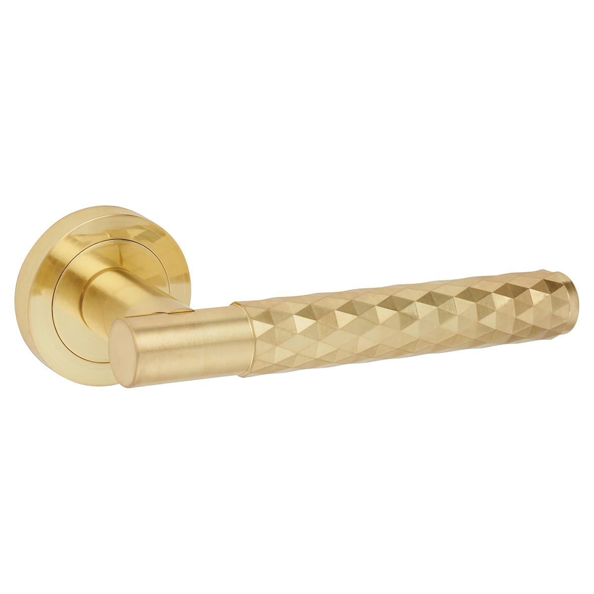 Satin Brass Diamond Door Handles on Round Rose - Luna Range - view 3