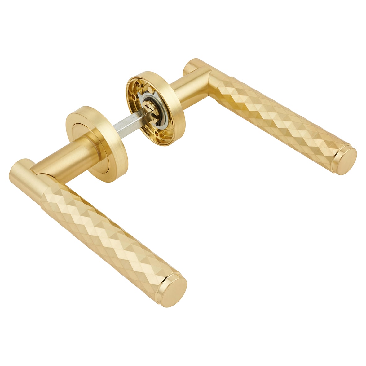 Satin Brass Diamond Door Handles on Round Rose - Luna Range - view 6