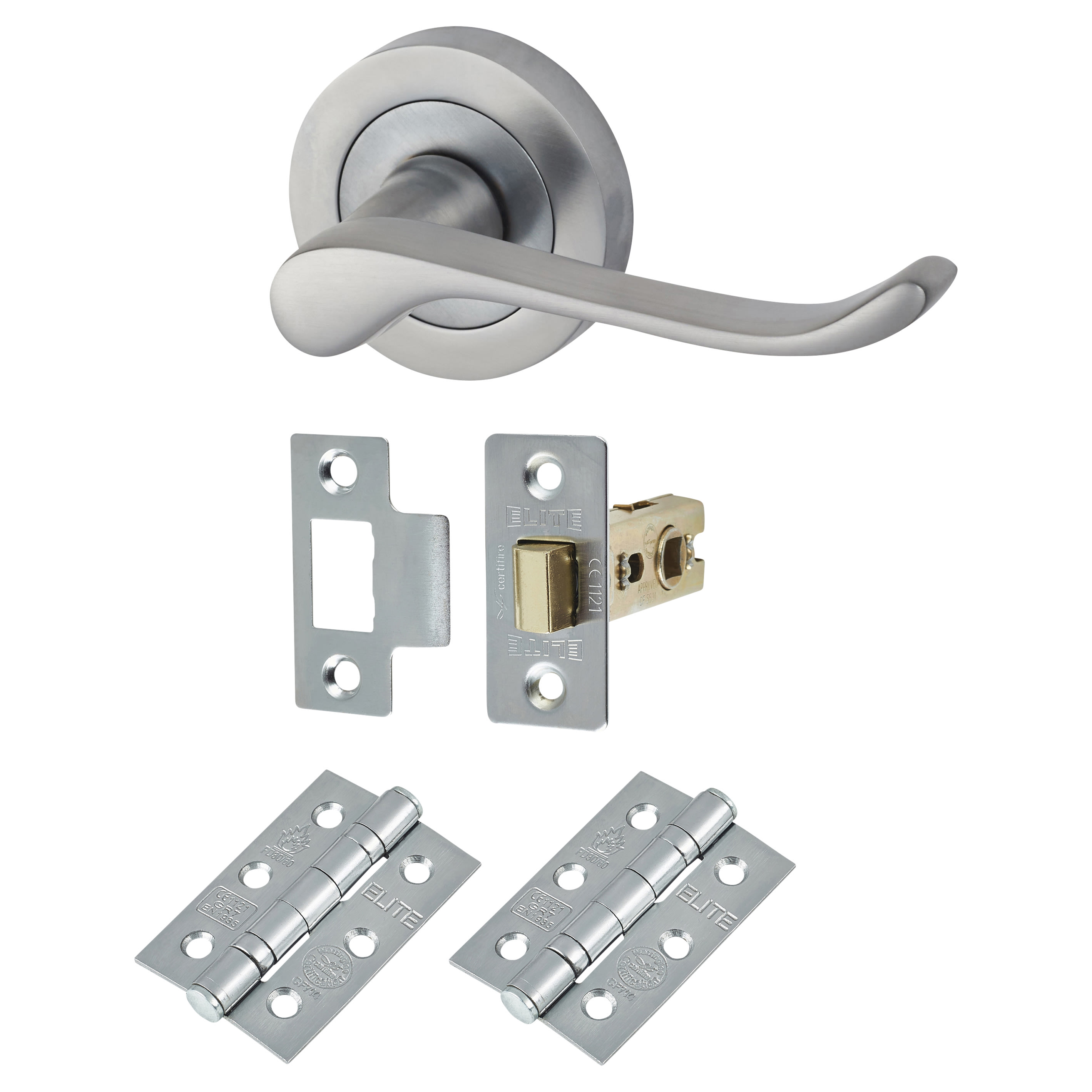 Satin Chrome Scroll Latch Door Handles on Rose Pack - view 2