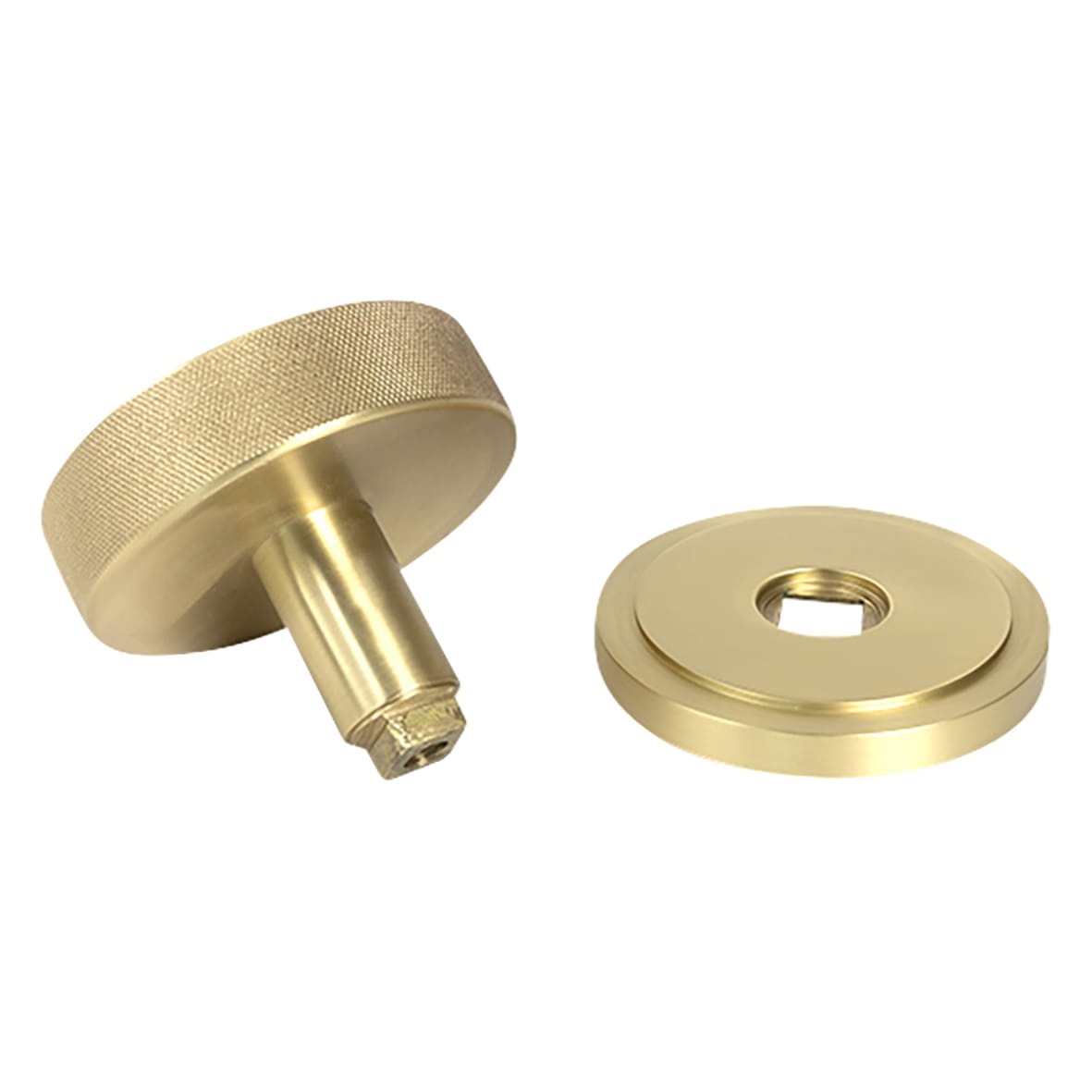 Brompton Satin Brass Round Knurled Centre Door Knob on Art Deco Rose - 90mm Rose Diameter - view 2