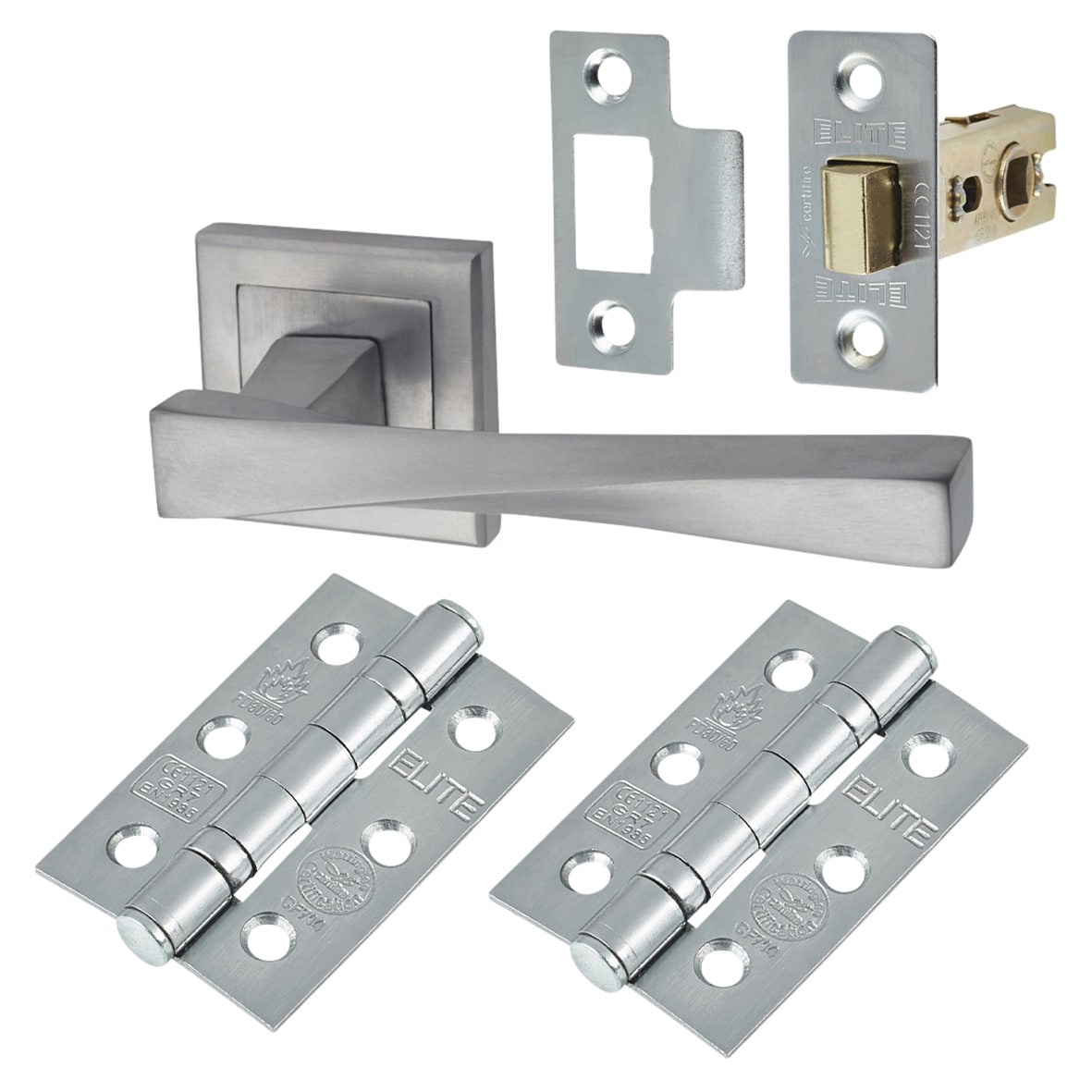 Satin Chrome Latch Door Handles on Square Rose Pack - Spirit Range - view 2