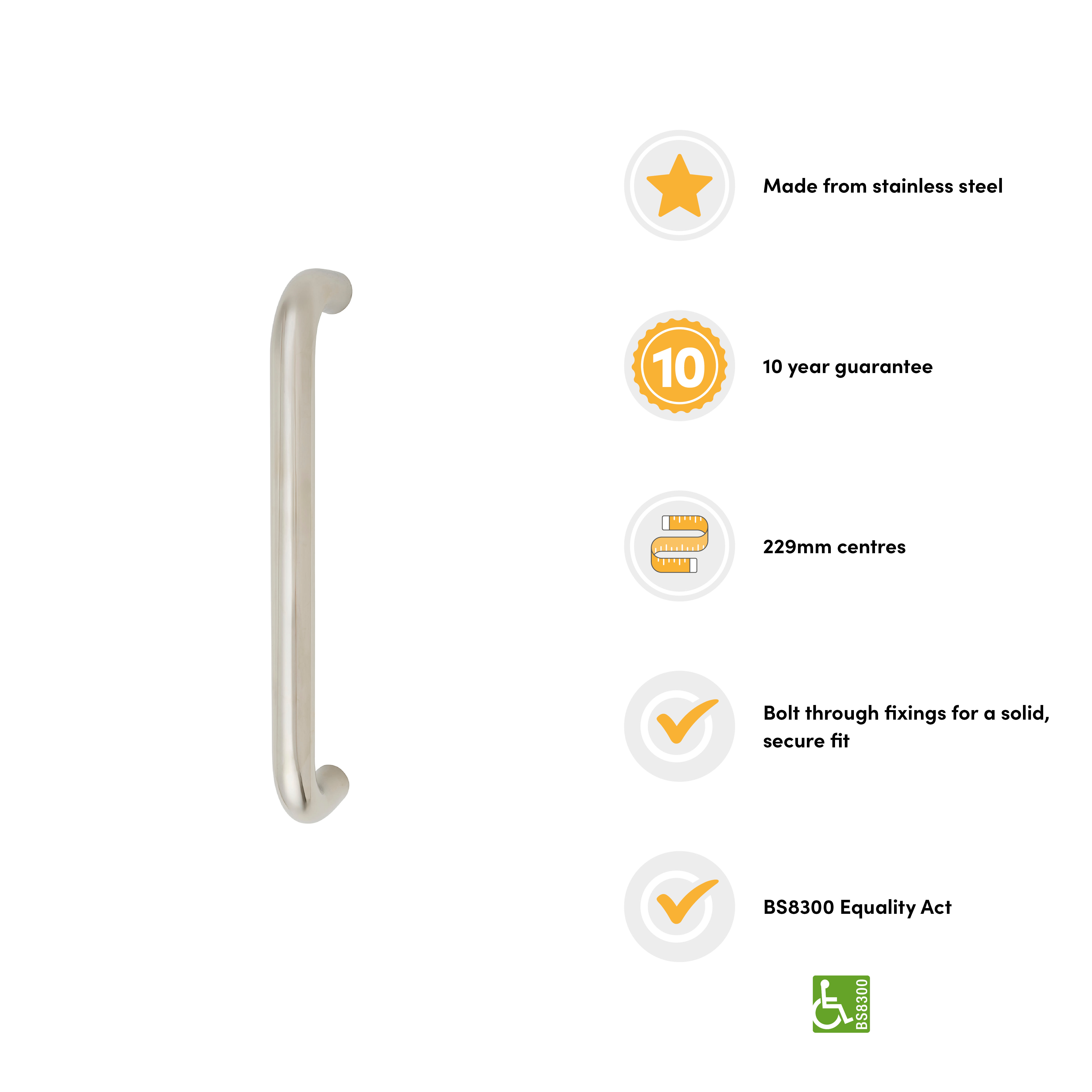 Polished Stainless Steel 19mm D-Bar Door Pull Handle - Bolt Fix - 229mm Centres - view 3