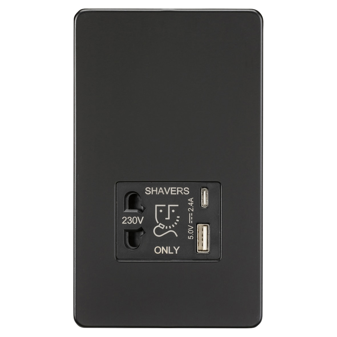 230V Shaver Socket with Type A/C USB Ports - 2.4A - Matt Black - view 2