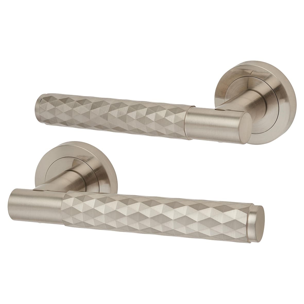 Satin Nickel Diamond Latch Door Handles on Rose Pack - Luna Range - view 2
