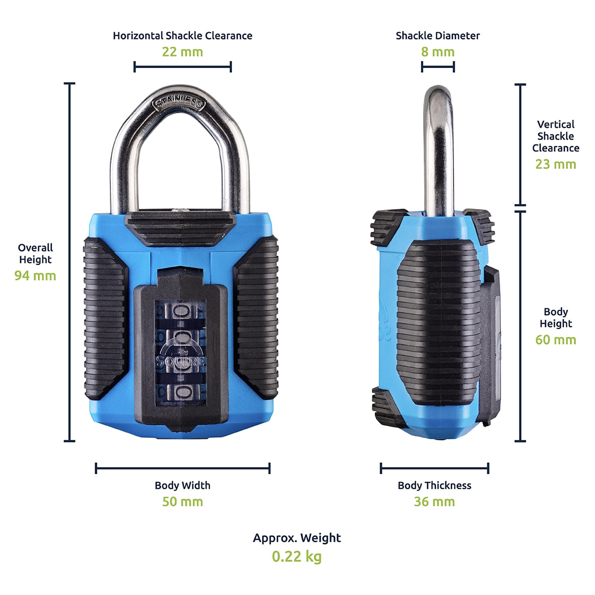 Marine Grade Combination Padlock - 50mm Body - 23 x 22mm Shackle - Blue - view 4