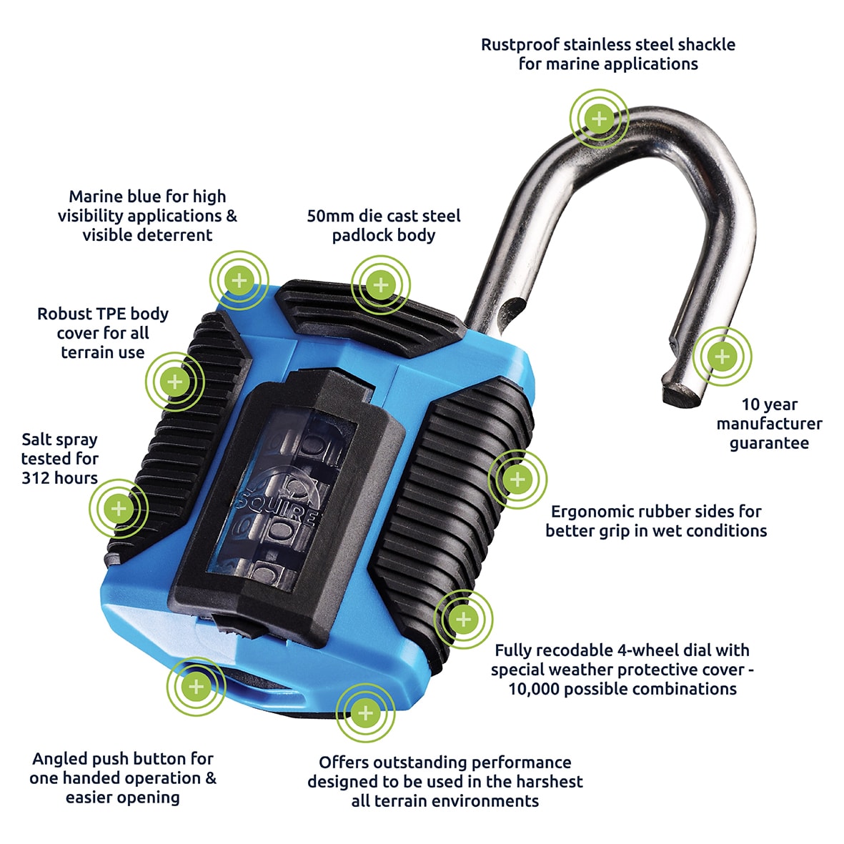 Marine Grade Combination Padlock - 50mm Body - 23 x 22mm Shackle - Blue - view 5