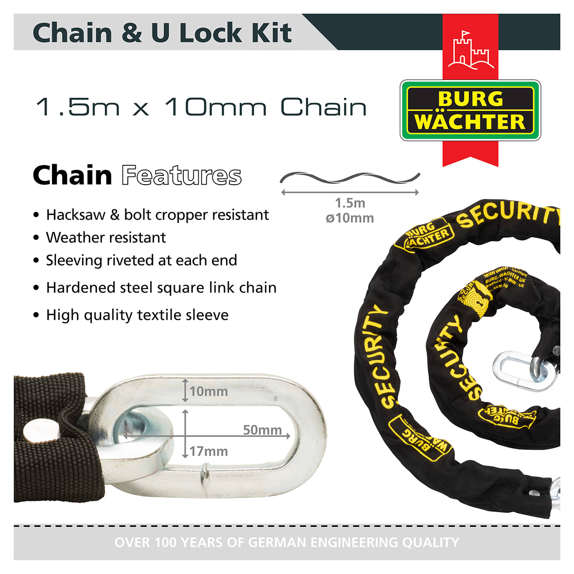 Ground/Wall Anchor, 1.5m Chain & U-Lock/Padlock Security Kit - 108 x 55 x 53mm - Black - view 3