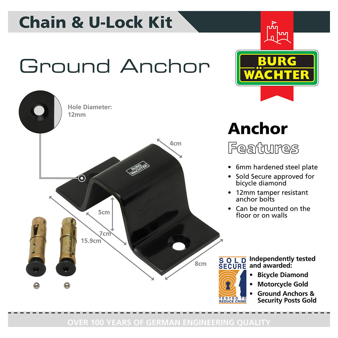 Ground/Wall Anchor, 1.5m Chain & U-Lock/Padlock Security Kit - 108 x 55 x 53mm - Black - view 4