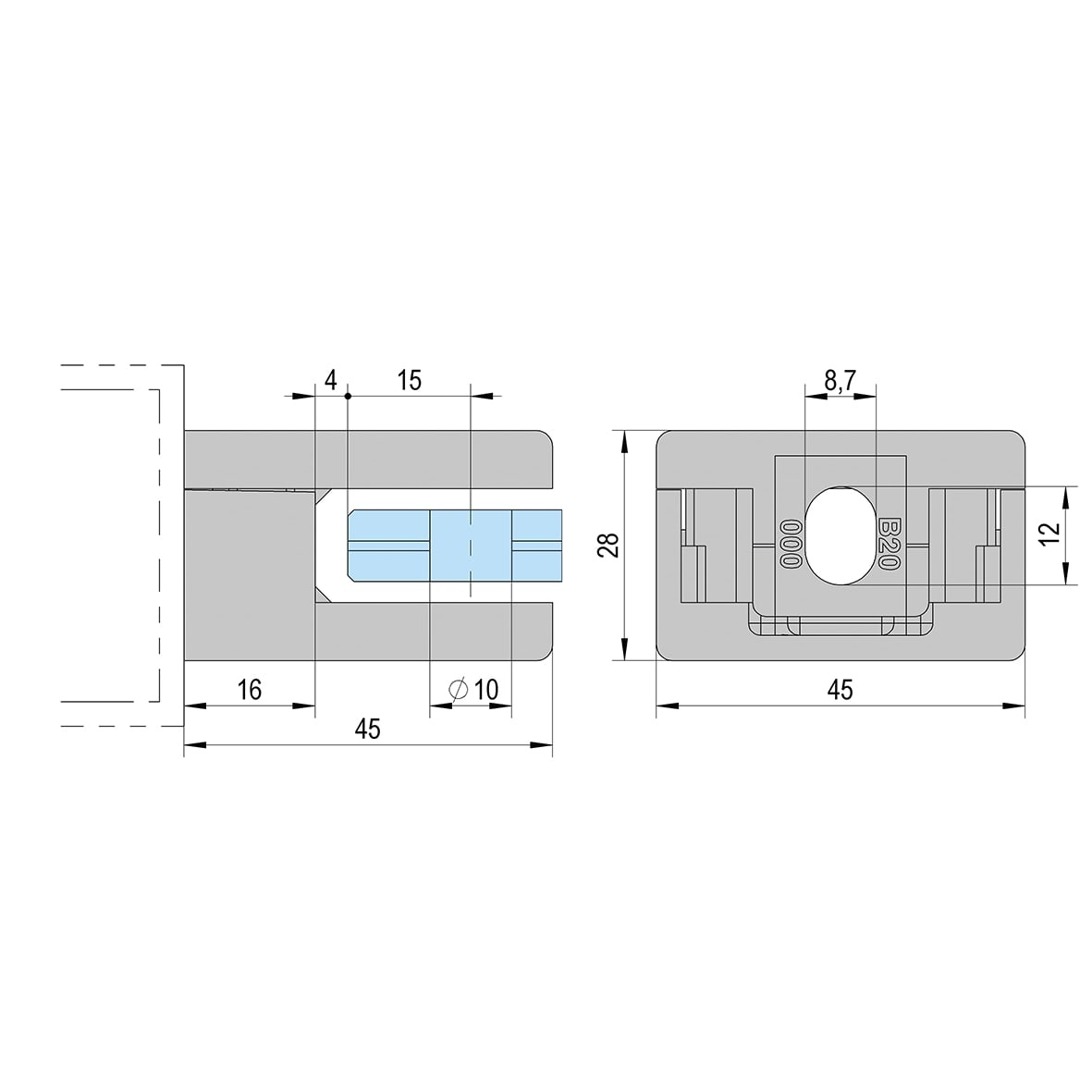 Square Balustrade Clamps & Inserts - 10mm Glass - 45mm x 45mm - Stainless Effect - Pack of 4 - view 4