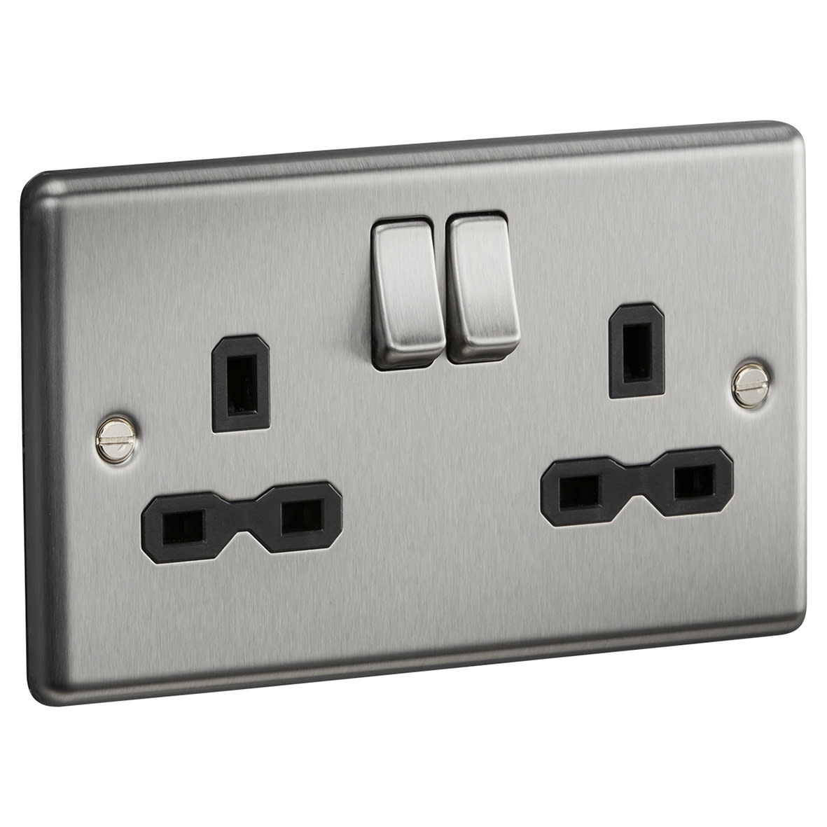 13A 2 Gang DP Switched Socket with Twin Earths - Brushed Chrome with Black Insert - view 2