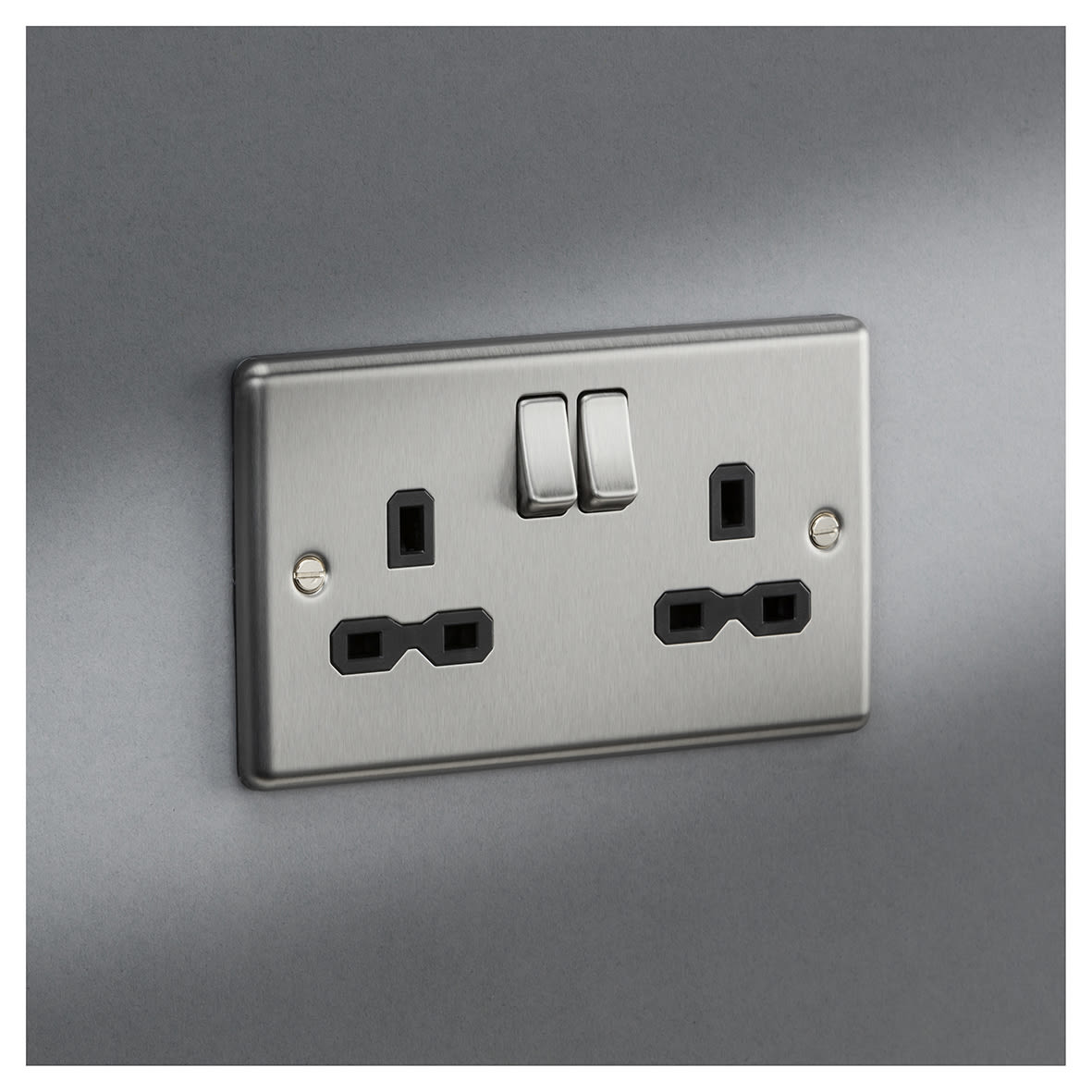 13A 2 Gang DP Switched Socket with Twin Earths - Brushed Chrome with Black Insert - view 6