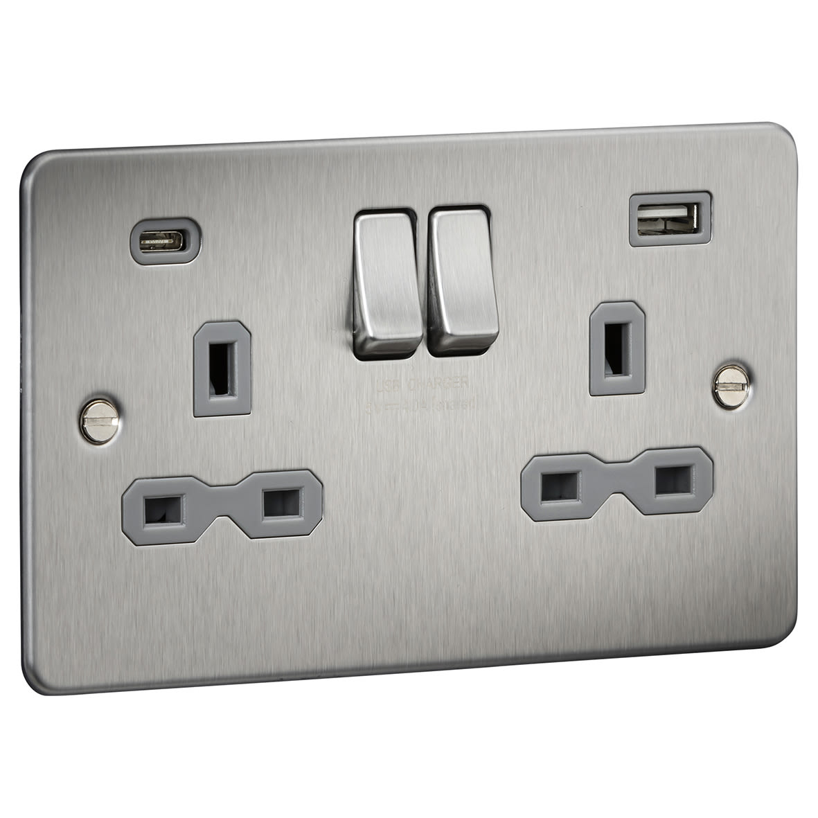 13A 2 Gang Flat Plate Type A/C USB Socket with 2 x USB - 4A - Brushed Chrome/Grey - view 2
