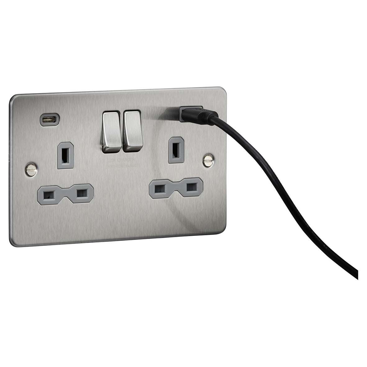13A 2 Gang Flat Plate Type A/C USB Socket with 2 x USB - 4A - Brushed Chrome/Grey - view 3