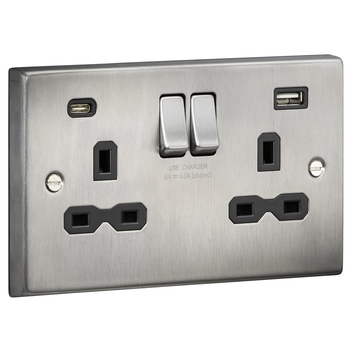 13A 2 Gang Square Edge Type A/C USB Socket with 2 x USB - 4A - Brushed Chrome/Black - view 2