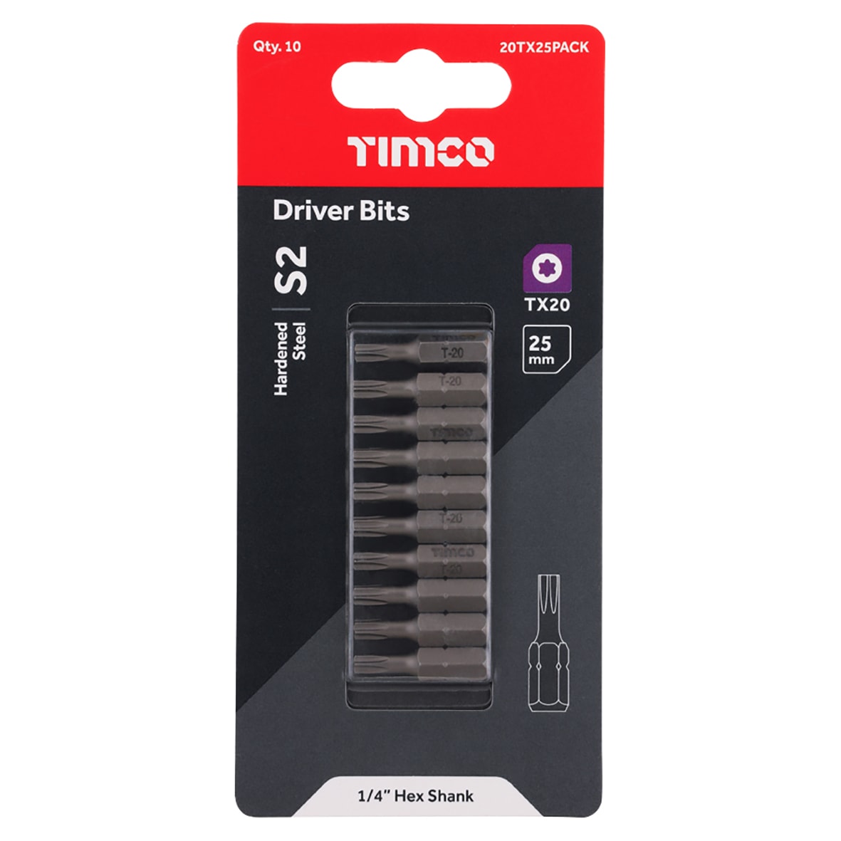 Steel Driver Bits - Torx - T20 - 25mm Length - Pack of 10 - view 3