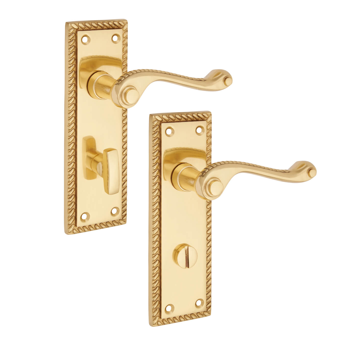 Polished Brass Georgian Scroll Bathroom Door Handles - 150 x 48mm - view 3