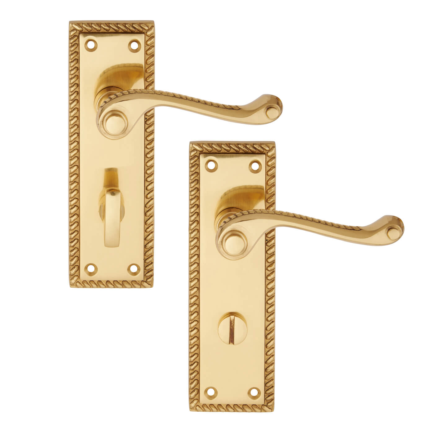 Polished Brass Georgian Scroll Bathroom Door Handles - 150 x 48mm - view 4