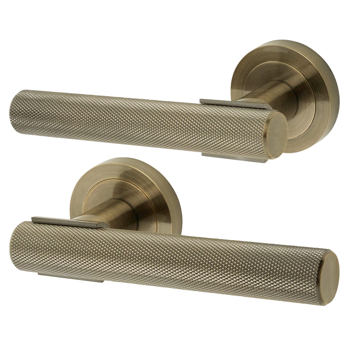 Antique Brass Knurled Bathroom Lock Door Handles on Rose Pack - Orla Range - view 2
