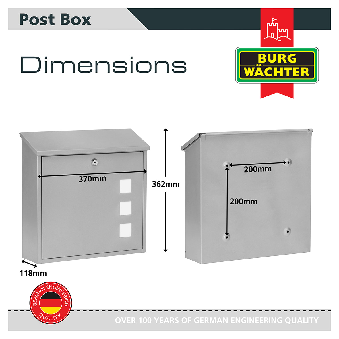 Aire Postbox - 370 x 364 x 114mm - Silver - view 5