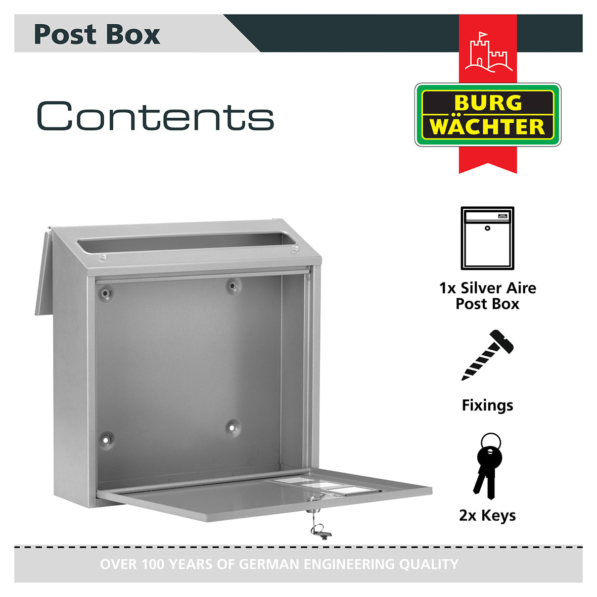 Aire Postbox - 370 x 364 x 114mm - Silver - view 6