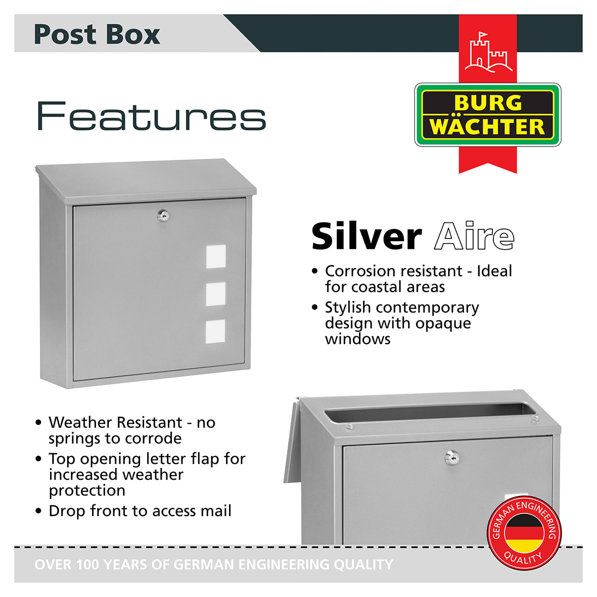 Aire Postbox - 370 x 364 x 114mm - Silver - view 7